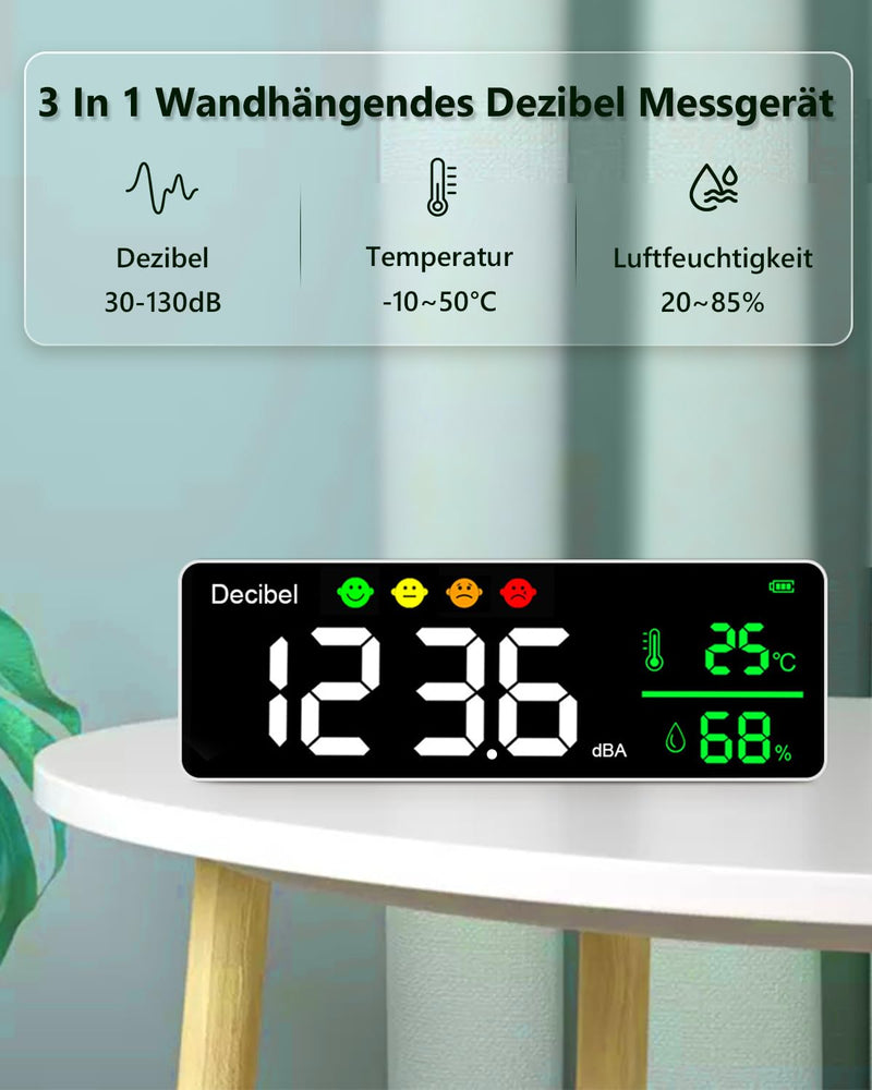 [Australia - AusPower] - Digital Decibel Meter, 3-in-1 Sound Level Meter, Wall Hanging, Sound Level Meter with Temperature & Humidity, 30 ~ 130 dB, 11 Inch Large LED Screen, for Home, Baby Room, Library Wall mounted (T4-DM1306D) 