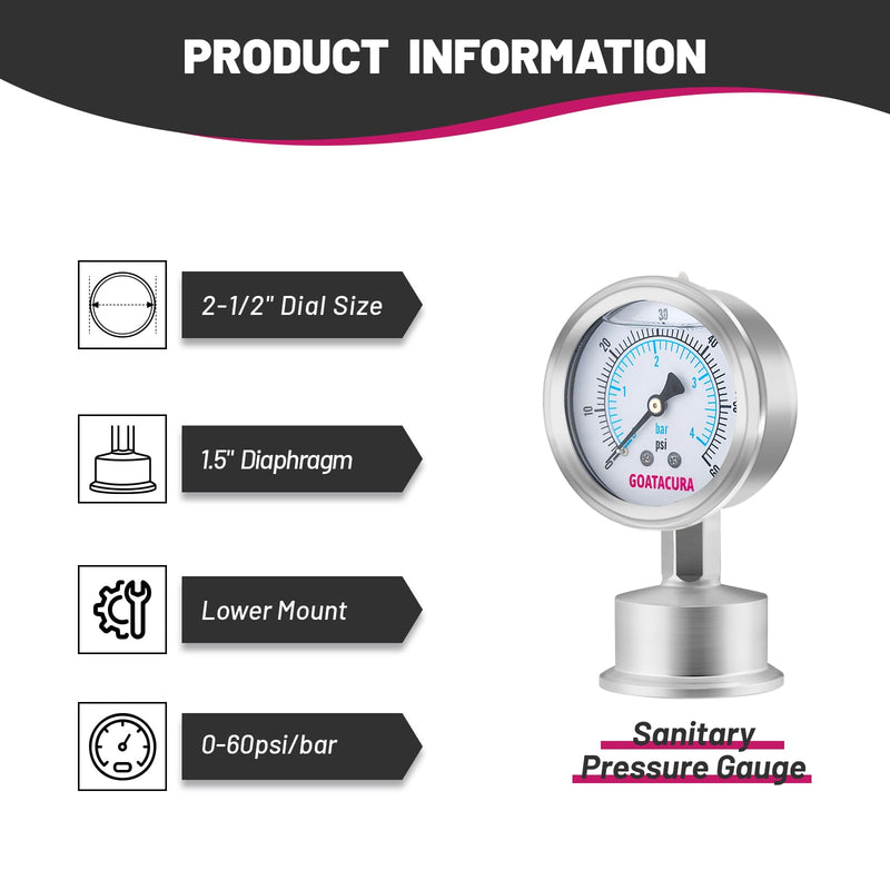 [Australia - AusPower] - 0-60psi Sanitary Pressure Gauge, 2.5" Stainless Steel Pressure Gauge, Glycerin-Filled, 1.5" Tri Clamp Bottom Connection 0-60psi 