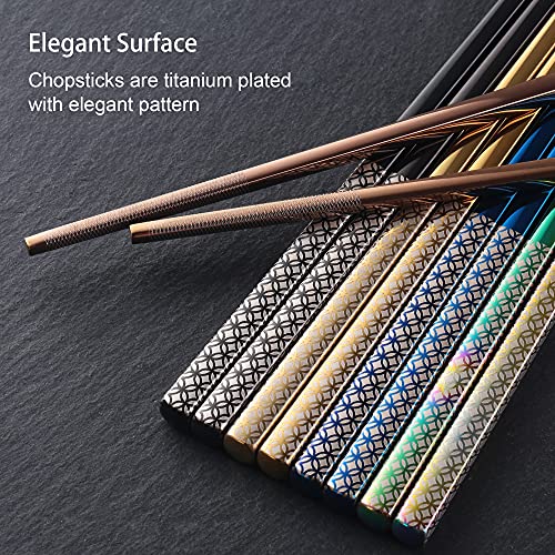 Metal Chopsticks Reusable Multicolor Stainless Steel Chopsticks Dishwasher Safe Chop Sticks Laser Engraved Copper Coin Pattern Square Non-slip, 9 1/4 Inches 5 Pairs Gift Set