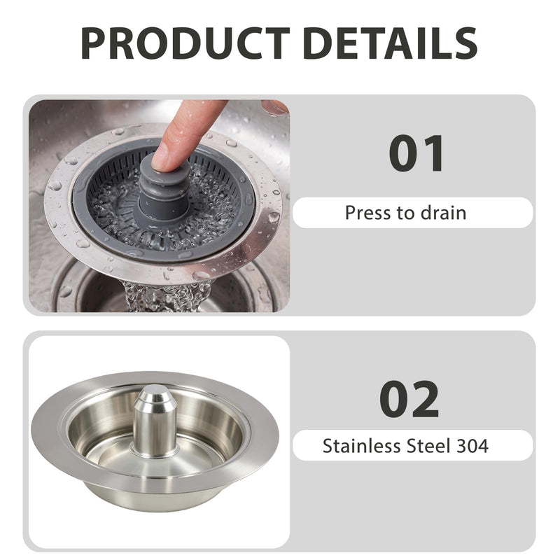 Stainless Steel Kitchen Sink Strainer Basket with Click Plug, 304 Stainless Steel Sink Drain Strainer with ABS Draining Basket and Plastic Lifter, Universal Drain Filter and Plug for Sink