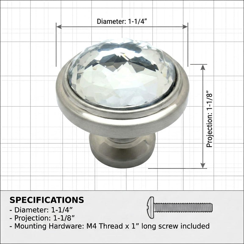Cosmas 5 Pack 5317SN-C Satin Nickel Cabinet Hardware Round Knob with Clear Glass - 1-1/4" Diameter