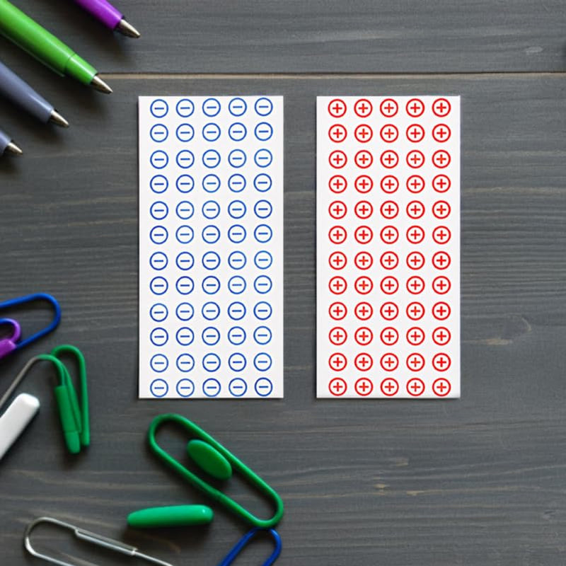 360pcs PVC 12mm Positive Negative Electrical Stickers Adhesive Battery Polarity Labels for Safe Circuit Identification Includes 6 Sheets (3 Positive 3 Negative)