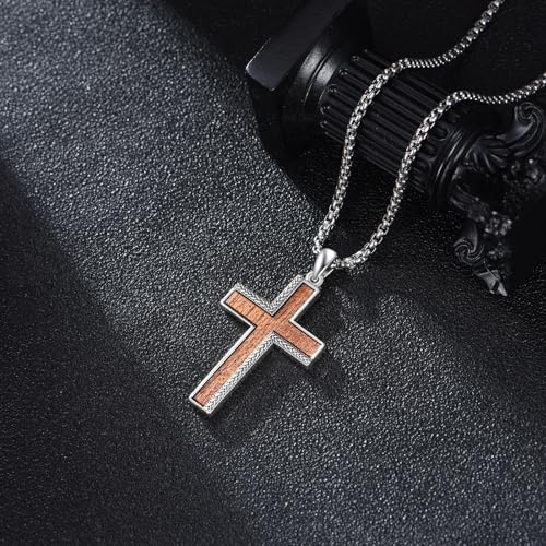 Celtic Cross Necklace Sterling Silver Wood Cross Pendant Celtic Knot Necklace Religious Jewelry Gifts for Men