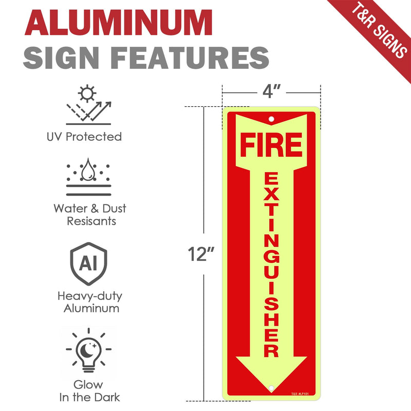 T&R Fire Extinguisher Metal Sign - 12 Pack - 12"x4" .040 Rust Free Heavy Aluminum Glow-In-The-Dark, Waterproof, Weatherproof and Fade Resistant, 2 pre-drilled holes, Easy to Install Indoors and Outdoors 12" x 4" - 12 Pack - Glow-In-The-Dark