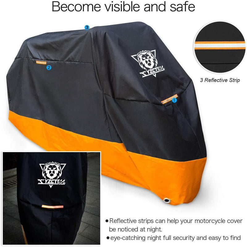 XYZCTEM Motorcycle Cover – All Season Waterproof Outdoor Protection – Precision Fit up to 97 Inch Tour Bikes, Choppers and Cruisers – Protect Against Dust, Debris, Rain and Weather (Black& Orange) 97"