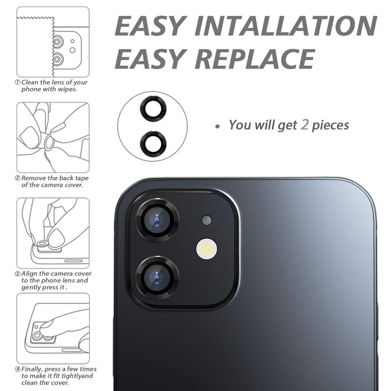 [Australia - AusPower] - Camera Lens Protector for iphone 12/12 Mini / 11, Tempered Glass Film, Aluminum Alloy Screen Cover, 2 Pack Black, with Cleaning Kit 