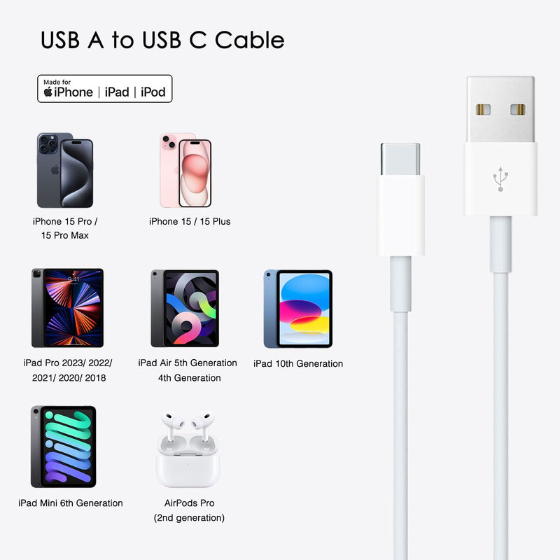 [Australia - AusPower] - iPhone 15 Car Carplay Cable, USB A to USB C Cable for iPhone 15, 15 Pro Max, 15 Plus, iPad 10th Gen, iPad Pro 12.9/11, iPad Air 5th/ 4th Gen,Mini 6th Gen Charger Cord, Car Charging Cable (3.3ft White) USB A to USB C (for 15) 