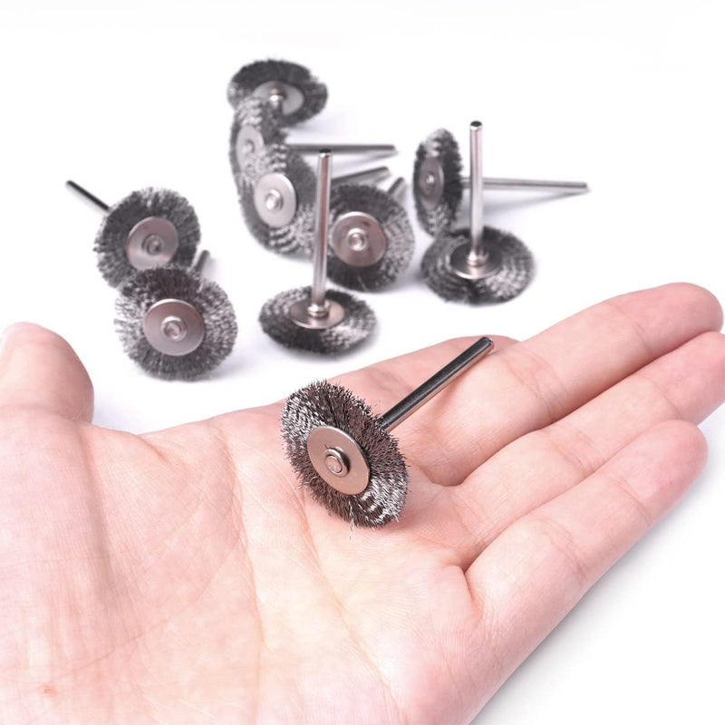 ATOPLEE Wire Brush Set, 50 Pieces 1 inch/25 mm Mini Wire Brush with 3 mm Round Shaft, Alloy Steel Wire Brush for Drill Attachment (50)