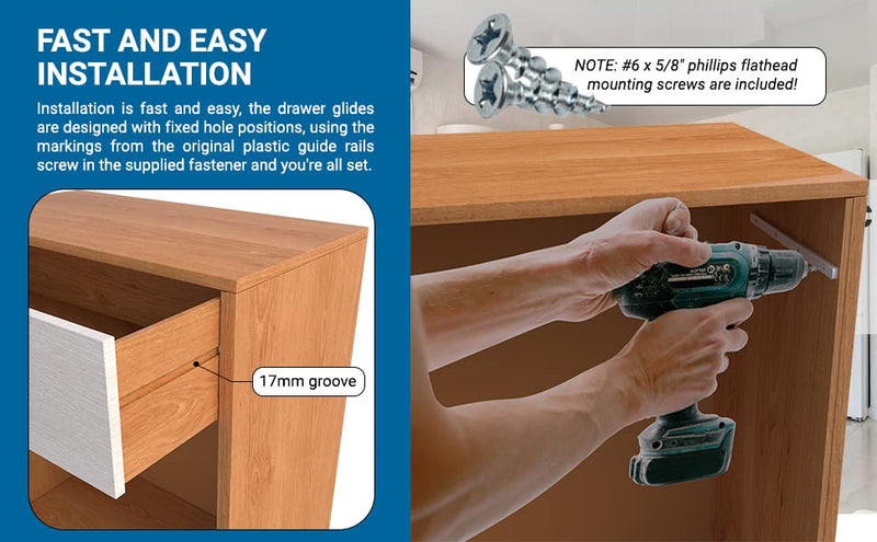 5 Pairs of Rok Hardware Side Mounted 11-1/4" (285.5mm) Screw-On, Plastic Drawer Rails/Guide Rails with 3/4" Extension, for Drawers with 21/32" (17mm) Groove, White Finish, D10751034 10