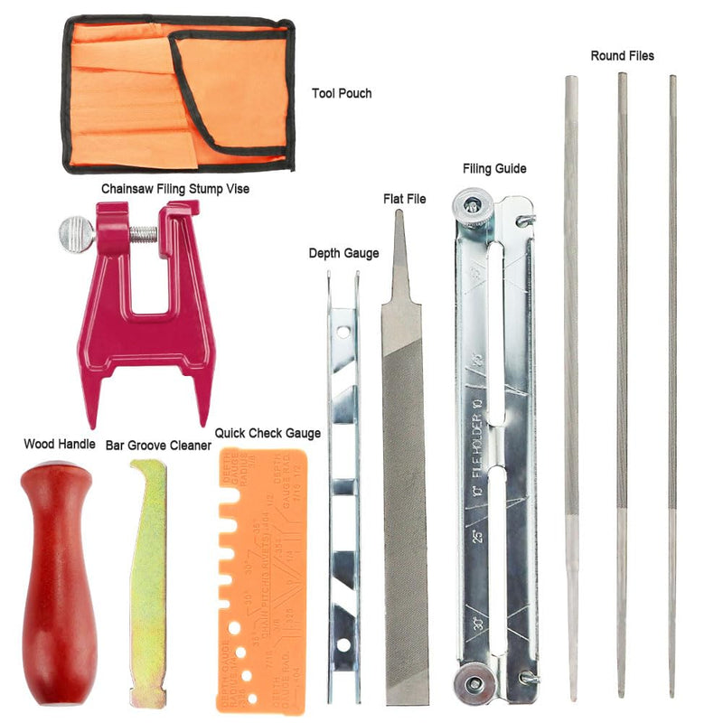 Chainsaw Sharpening Files Kit, Chainsaw Sharpener Files Set, Chainsaw Sharpener Includes Chainsaw Blunt, Round File, Sharpening Guides, Depth Gauge, Flat File, Wooden Handle, Lightweight Field Bag