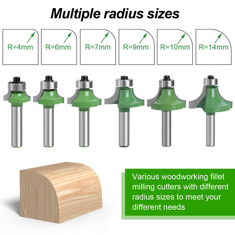 [Australia - AusPower] - Pack of 6 Rounding Cutters for Routers, Rounding Cutter 8 mm Shank, with Ball Bearings, Carbide Round Over Cutter Bits, Tools for Woodworking, for Wood Trimming 