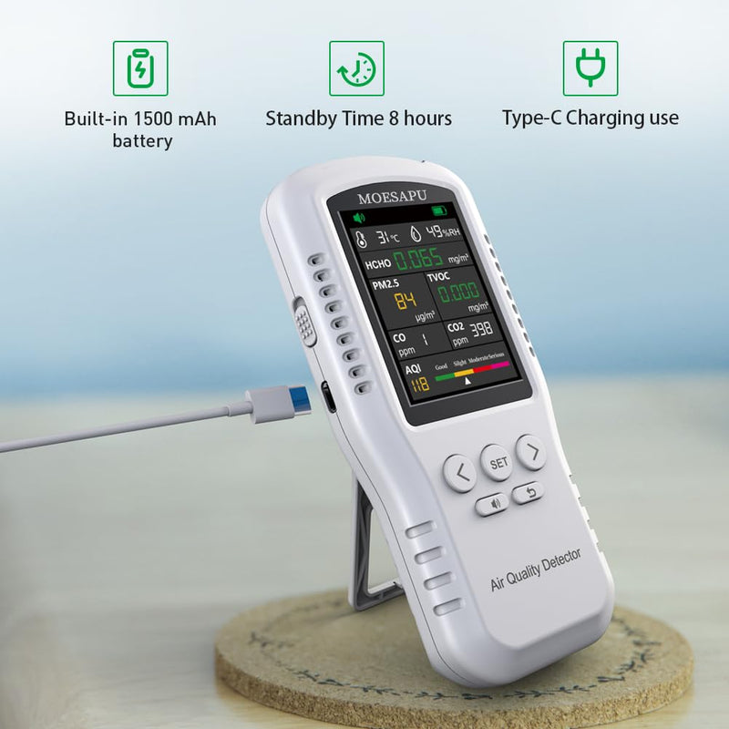 [Australia - AusPower] - 8-in-1 Indoor Air Quality Monitor, Formaldehyde Detector, Temperature & Humidity Meter, Sensor, Tester Detect PM2.5, CO, CO2, HCHO,TVOC,AQI Micron Dust, Home Air Test Kits 