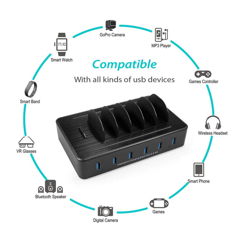 [Australia - AusPower] - Fast Charging Station for Multiple Devices,50W 6 USB Ports Family Charger Compatible with Apple iPhone iPad and Android Phone and Tablet 6-USB-port&Black 