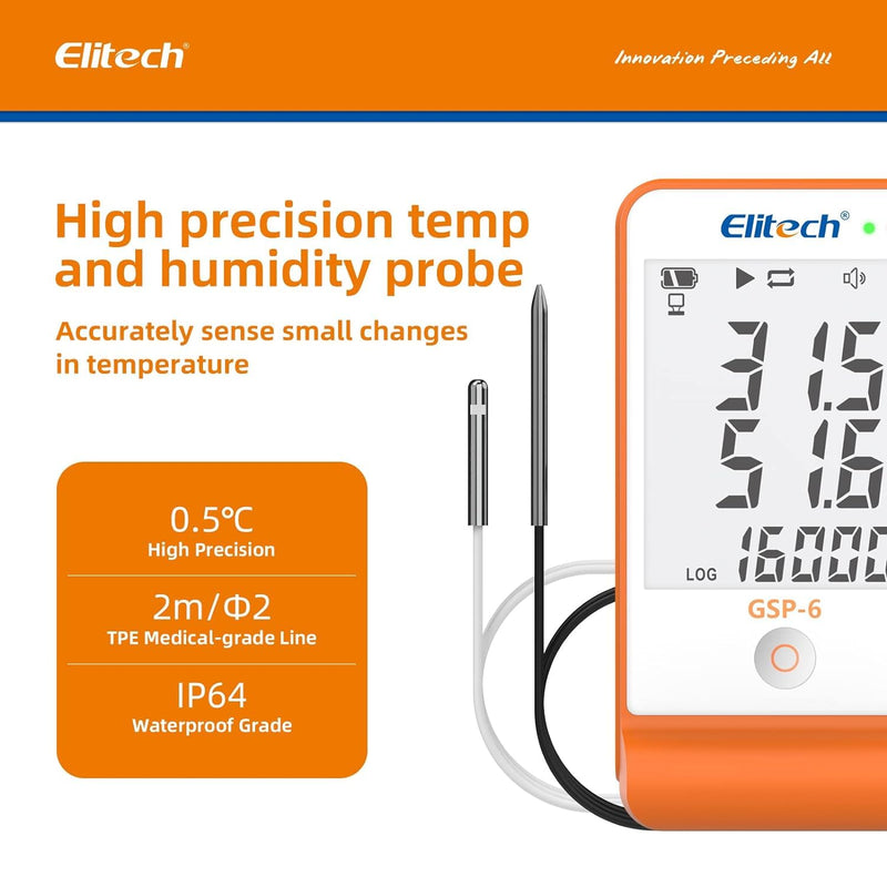 [Australia - AusPower] - Elitech GSP-6G Professional Thermo-Hygrometer - Precise Temperature and Humidity Meter with Alarm Function, Data Logger for Indoor & Outdoor Use (LCD Display, High Accuracy) Temperature logger with wet GSP6G 