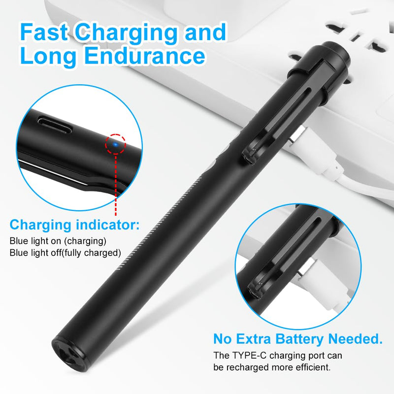 flintronic 2 x Pupil Light Medicine, Diagnostic Light Nurse Emergency Service Accessories with Pupil Meter & Ruler, Rechargeable USB LED Pen Lamp for Nurses Students Doctors #7 White/Black 2pcs