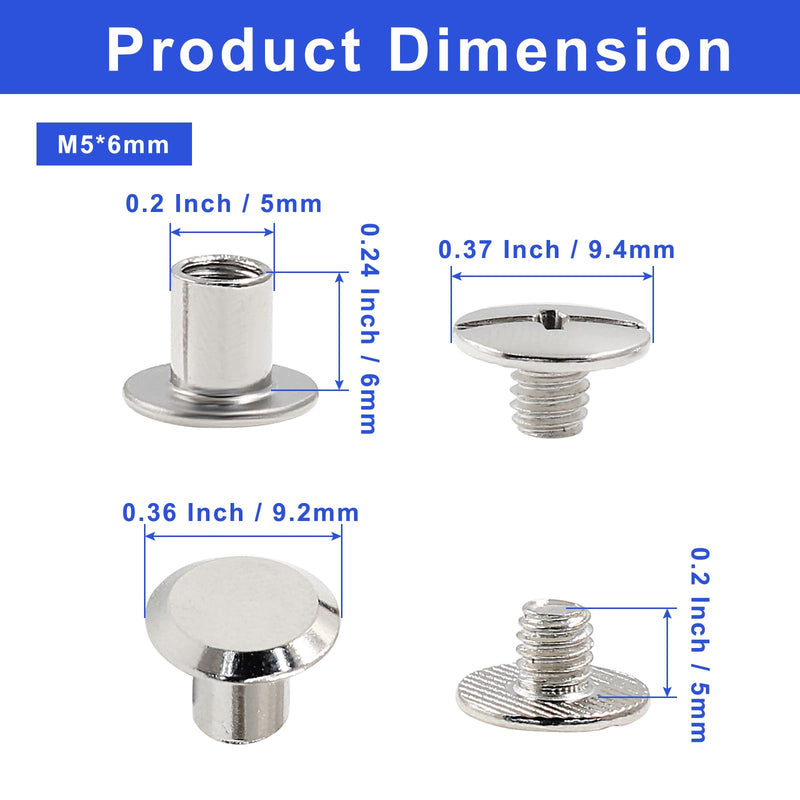 [Australia - AusPower] - Hitefu 30 Set Chicago Screws, M5 x 6mm Binding Screws with Phillips Head, 1/4 Inch Button Rivets for Leather, Belt, Bookbinding 
