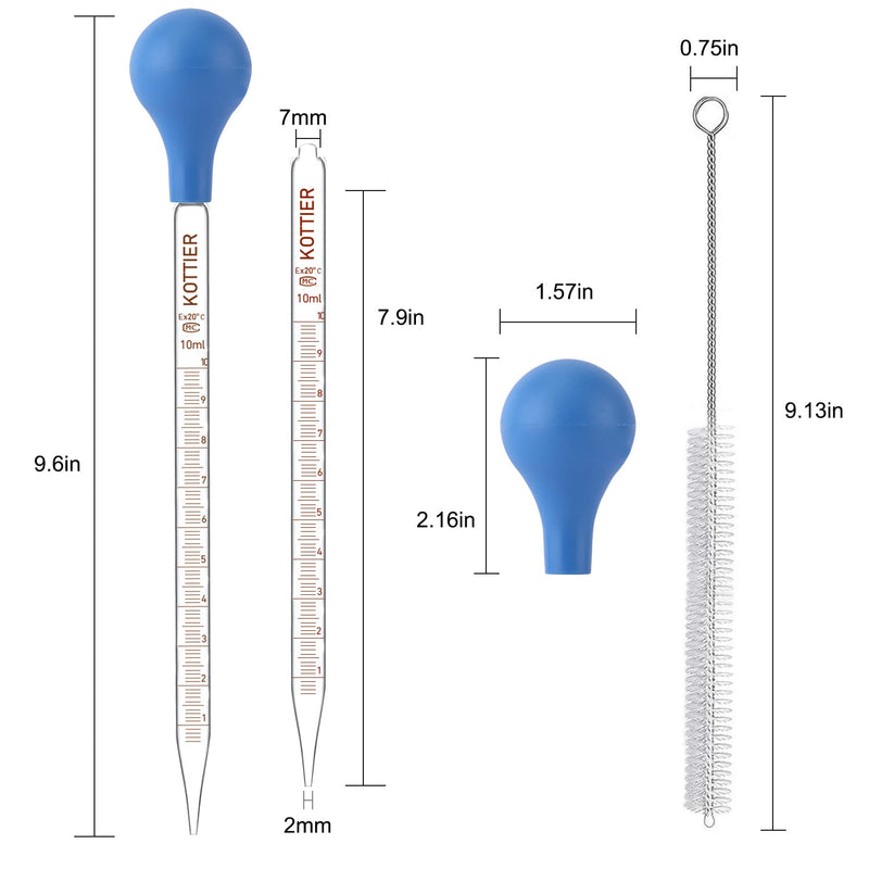 [Australia - AusPower] - 10ml Glass Pipettes Dropper, Lab Graduated Dropper for Liquid Essential Oil, Glass Transfer Pipette with Rubber Bulb and Cleaning Brush (2 pieces) 2 pieces 