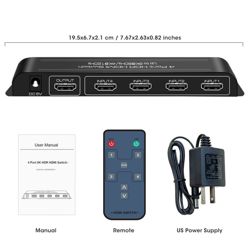 [Australia - AusPower] - ROOFULL 4 Ports 8K HDMI 2.1 Switch 4 in 1 Out 8K@60Hz 4K@120Hz HDMI Switcher Selector with Remote Support Auto-Switching 48Gbps HDR 10+ Dolby Vision/Atmos HDCP 2.3 CEC Z-Black (8K) 
