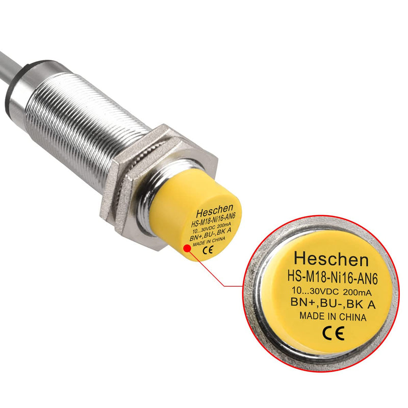 [Australia - AusPower] - Heschen 16mm Inductive Proximity Sensor Switch, HS-M18-Ni16-AN6, non-Embedded, Cylindrical Type, DC10-30V 200mA, NPN NO(Normally Open), 3 Wire, CE 