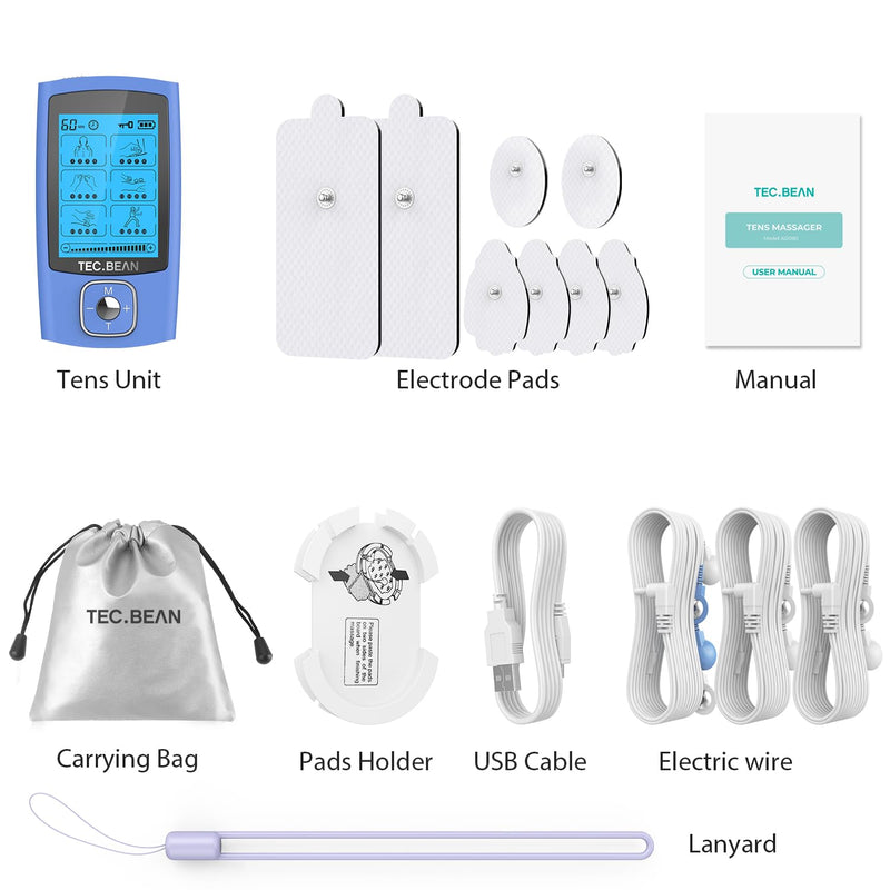 24 Modes Tens Unit Muscle Stimulator, Rechargeable Tens Machine with 8 Electrode Pads (American Gel), Electric Pulse Massager for Pain Relief Therapy（Blue） B-blue