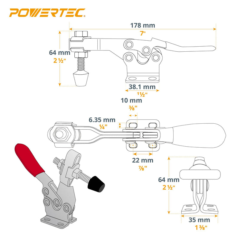 [Australia - AusPower] - POWERTEC 1PK Toggle Clamp, 500 lbs Holding Capacity, 225D Quick Release Horizontal Clamps w/ Antislip Rubber Pressure Tip for Woodworking Jigs and Fixtures, Welding, Drill Press, Crosscut Sled (20301) 225D, 1PK 