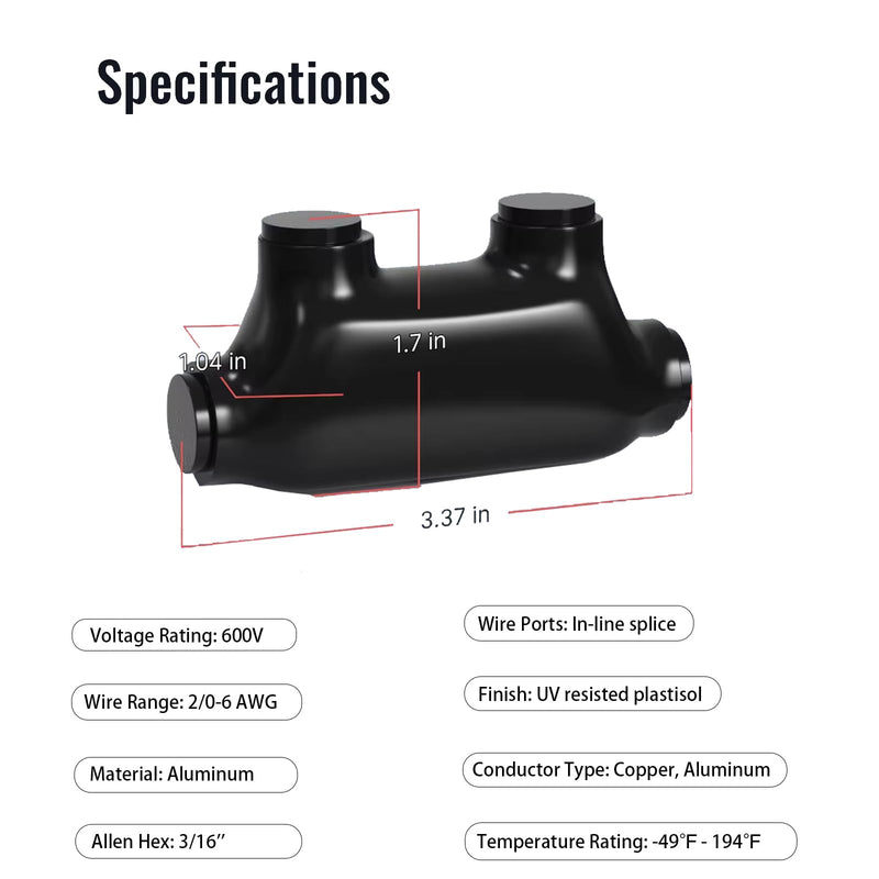 5 Pcs Insulated In-Line Splice Connector, 2 Ports 2/0-6AWG Wire Range Pre-Filled and Dual Sided Entry Dual Rated, Black Vinyl Coated Multi Cable Wire Connectors 2 Ports Dual Entry - 2/0-6 AWG