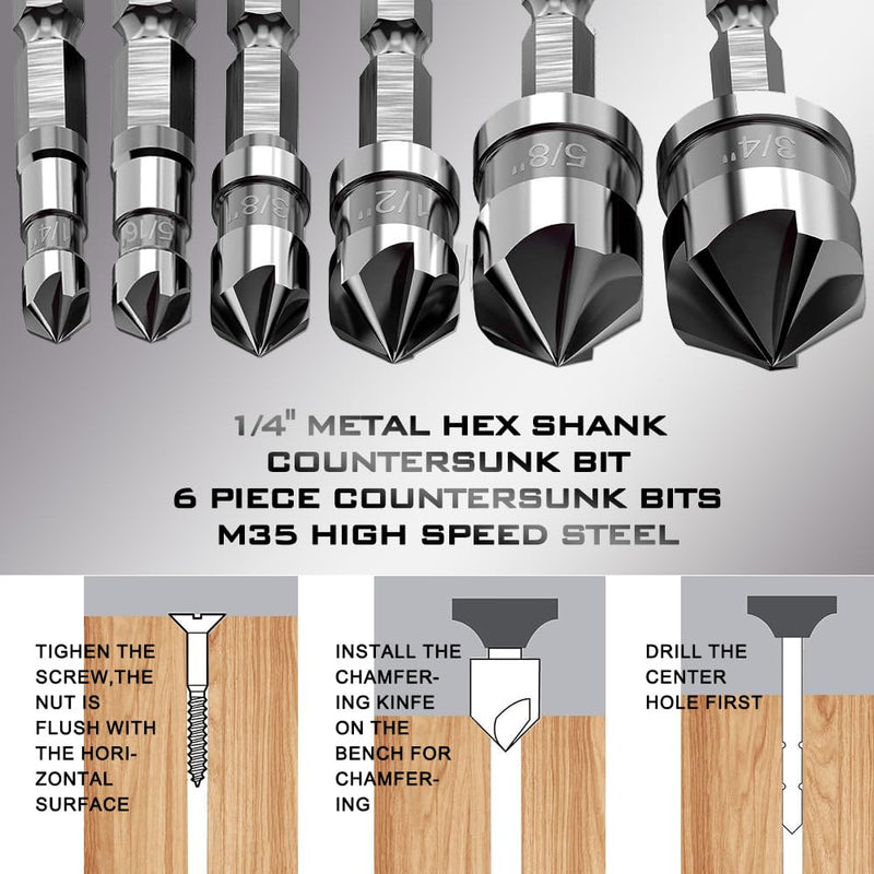 Countersink Drill Bit Set, 6 Pieces M35 Cobalt HSS 5-Flute Pro-Grade Countersink Bits, 1/4 Inch Quick Change Hex Shank for Metal Wood Stainless Steel Carbon Steel Auto Repair Marine Use