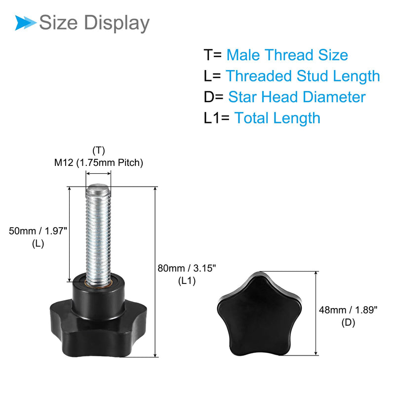 [Australia - AusPower] - Star Clamping Knobs, M12 x 50mm Male Thread 48mm Head, Plastic Thumb Screw Grip Hand Knobs Threaded Bolt Black - (Applications: for Lathe Machinery), 1-Piece M12 x 50mm x 48mm 