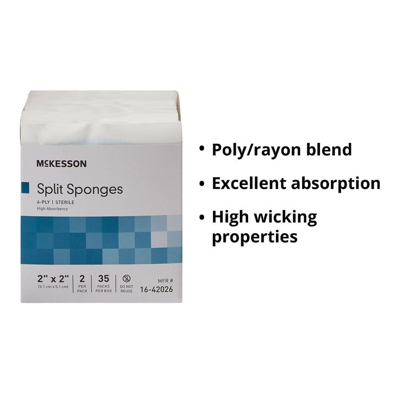 [Australia - AusPower] - McKesson Split Sponges, 6-Ply Sterile, I.V. and Tracheostomy Dressings, Polyester/Rayon Blend, 2 in x 2 in, 2 per Pack, 1 Pack 2 X 2 Inch ( 70 ct) 
