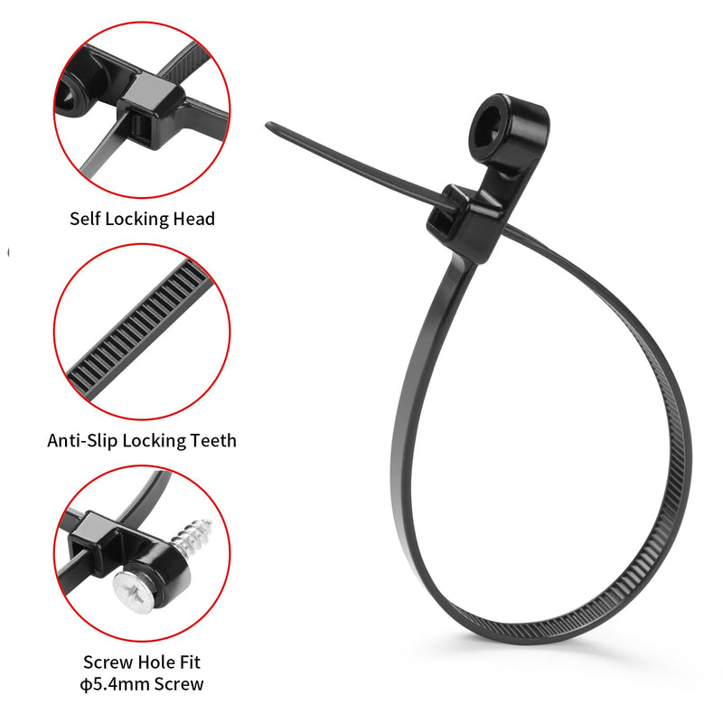 [Australia - AusPower] - 200 PCS 12 inch Black Zip Ties with Screw Hole 75lbs Mountable head Cable Ties Straps Multipurpose Heavy Duty Nylon Cable Zip Ties with Screw Mounting Hole 12 Inch (200PCS) 