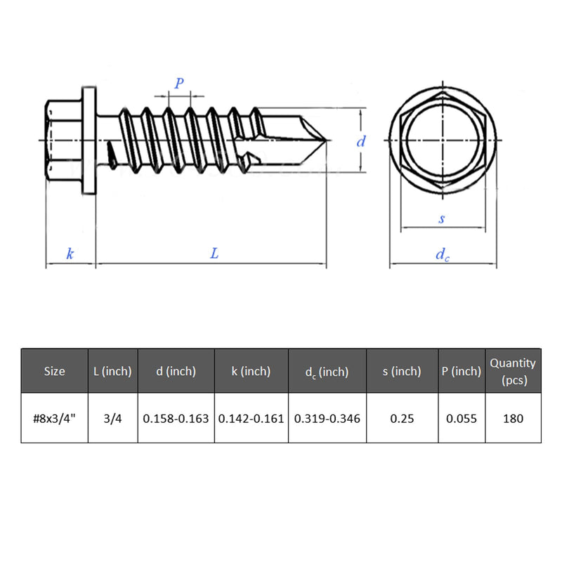 [Australia - AusPower] - 180Pcs #8 x 3/4" Self Drilling Screws for Metal,410 Stainless Steel Black Zinc Plated,Self Tapping Sheet Metal TEK Screws,Hex Washer Head #8 x 3/4 inch Black Hex Washer Head 