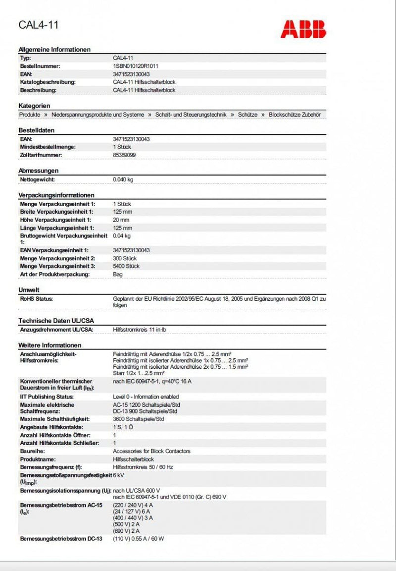 [Australia - AusPower] - ABB-ENTRELEC CAL4 – 11 – Block Auxiliary Contact CAL4 