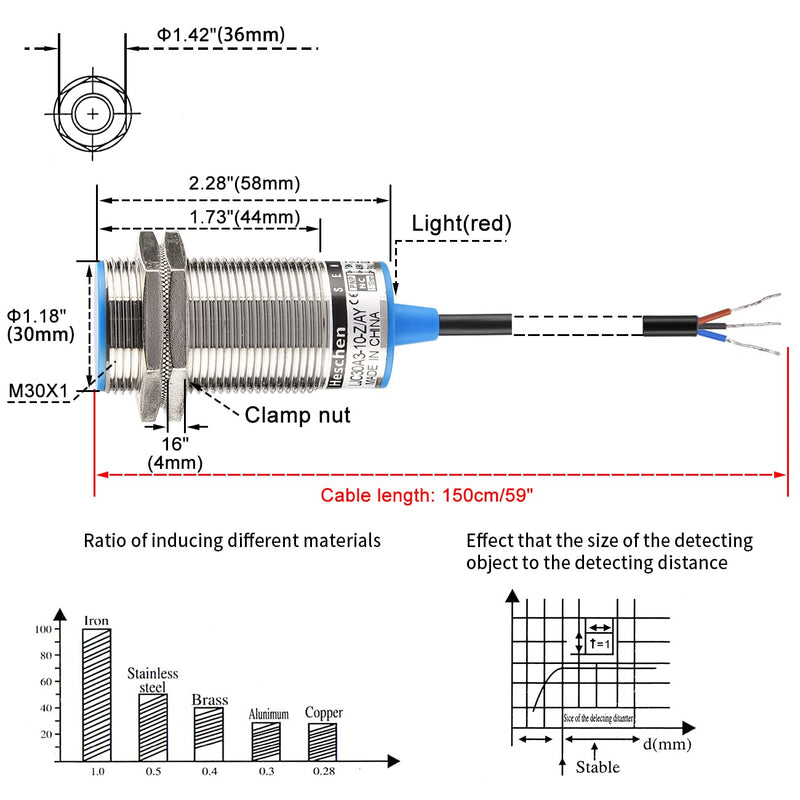 [Australia - AusPower] - Heschen M30 Capacitive Proximity Sensor Switch Shield Type LJC30A3-10-Z/AY Detection 1-10mm 10-30VDC 200mA PNP Normally Closed(NC) 3 Wires 