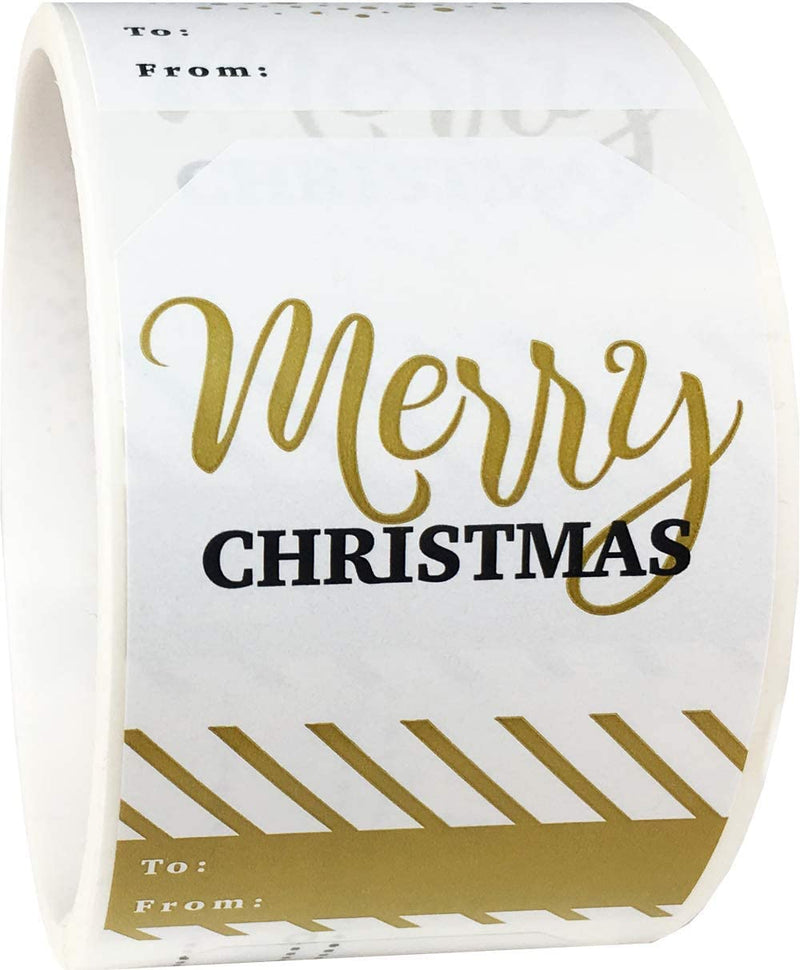 Merry & Bright Gold Gift Tag Stickers – 2 x 3 Inch Holiday Labels, Roll of 100 with 4 Festive Designs – Elegant Christmas Wrapping Tags, Made in The USA
