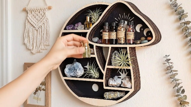 Crescent Moon Floating Shelf with LED Light, Whimsical Mushroom Wall Decor Mushroom & Moon With Led