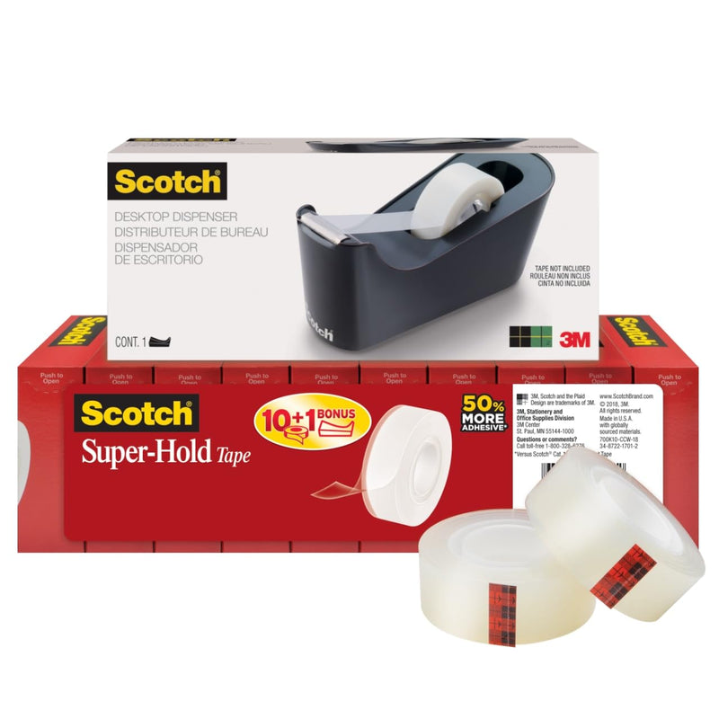 Scotch Tape Dispenser Value Pack Super-Hold Tape, Black Dispenser, 1 in Core, 12 Packs (700K10C18BLK) 3/4 in x 1000 in