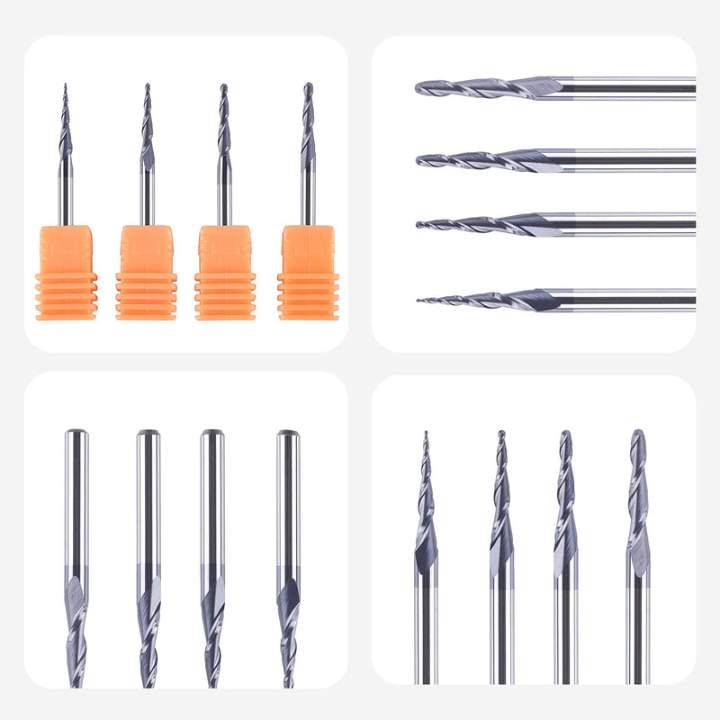 [Australia - AusPower] - SpeTool Set of 4 2 Flute Ball End Mills with Conical Tip Milling Cutter CNC Engraving R0.25 mm - 1.0 mm 3.175 mm (1/8 Inch) Shank Solid Carbide Cutter for Router with TiAlN Coating for 2D 3D Engraving 