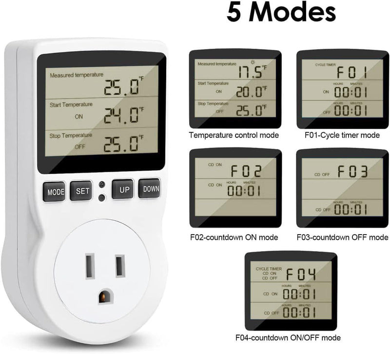 [Australia - AusPower] - Diymore Plug in Thermostat Temperature Controller Electric Digital Thermostat Heating Cooling Control Mode Timer White 2900W 250V 15A Digital Temperature Controller Thermostat Timer LCD Display 
