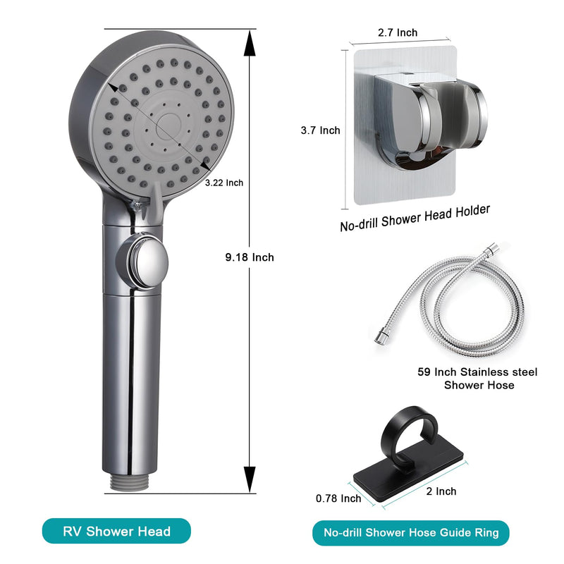 GwernKB RV Shower Head with Hose,5-mode High Pressure Shower Head with On Off Switch Water Saving for Camper, No Drilling Wall Mount Handheld Shower Holder and Adhesive Hose Guide Ring (Silver) Silver