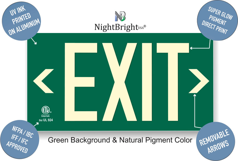 Photoluminescent Exit Sign Green - Aluminum Code Approved UL 924 / IBC/NFPA 101 | NightBright USA Part Number ULG-050