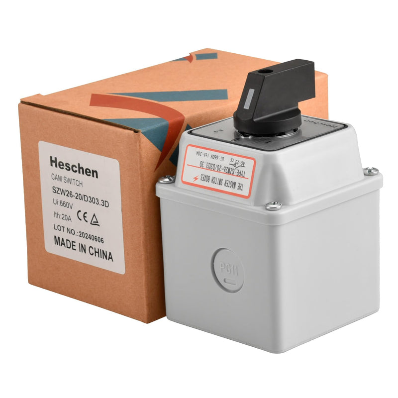 Heschen Universal Rotary Cam Selector Changer Switch, SZW26-20/D303.3D, 660V 20A, 3 Position, 3 Phase 12 Terminals, CE, with Master Switch Outer Box LW28-20/4 (Standard Box) Standard Box