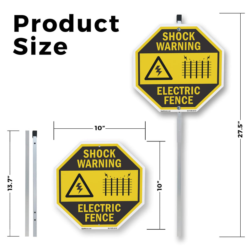 Shock Warning Electric Fence (2 Pack) 10 inch X 10 inch Octagon Aluminum Metal Signs with Aluminum Mounting Stakes Weather Resistant UV Protected for Workplace Private Property and Construction Site