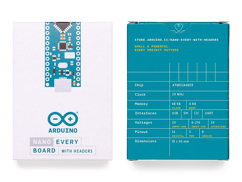 Arduino Nano Every with Headers [ABX00033] Compact Board with ATmega4809 Microcontroller, Ideal for Electronic Projects, DIY Prototypes and Applications with Arduino IDE.