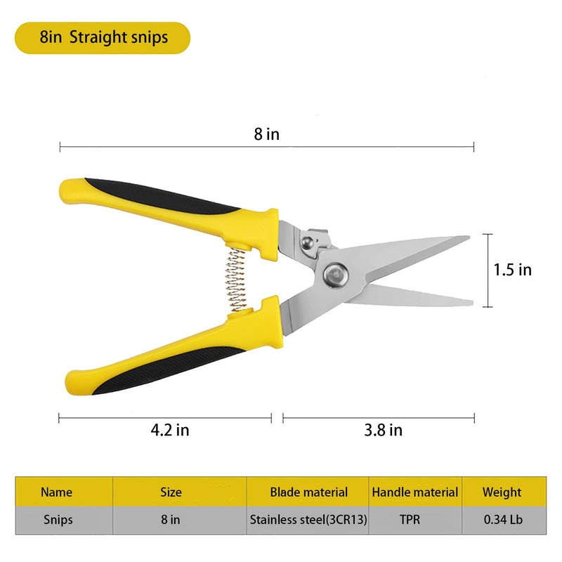 [Australia - AusPower] - Aviation Tin Snips 8 Inch Heavy Duty Metal Cutter, Straight Shears with Stainless Steel Blade & Comfort Grips, Multifunction Cutting of Branches, Cable Wires, Thin Iron, Cardboard etc.. 8 Inch Straight-Blade 