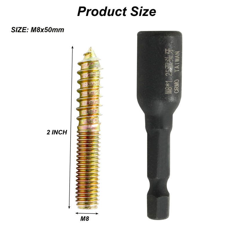 [Australia - AusPower] - 20PCS Hanger Bolts, M8 Double Ended Screws 2"(50mm) Length, M8 Dowel Screw for Wood Furniture, with (M8x1.25mm) Hanger Bolt Driver M8 2" Length 