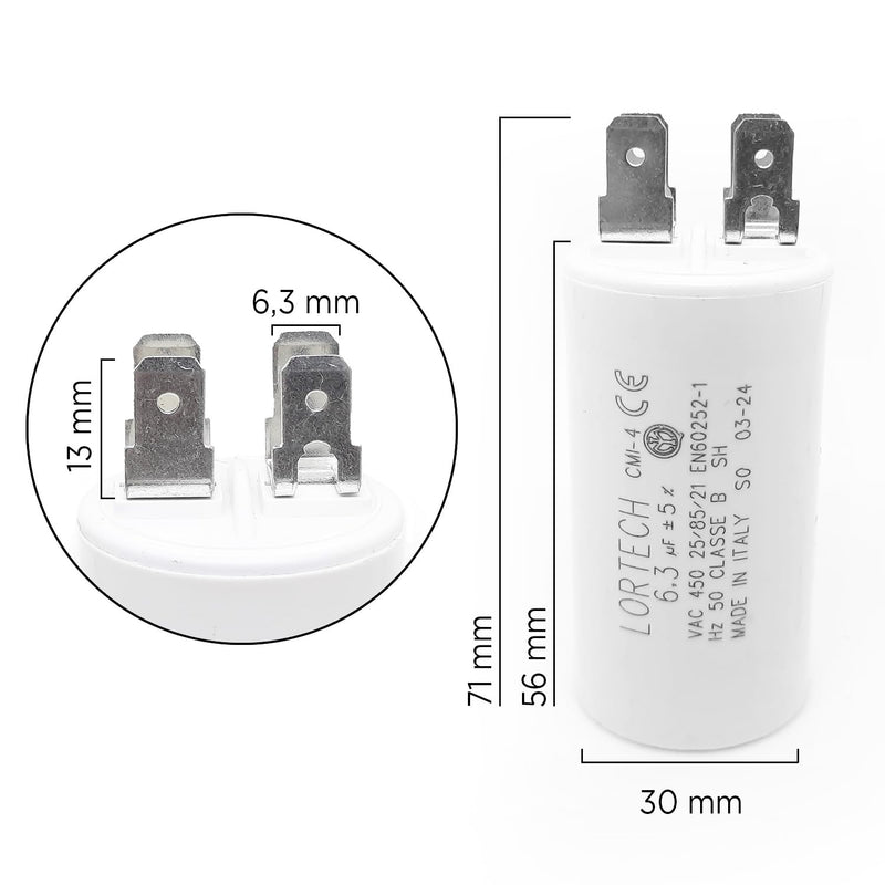 [Australia - AusPower] - LORTECH Permanent Capacitor 6.3µF - Diameter 30 mm x 56 mm - Flat Base - Made in Italy 