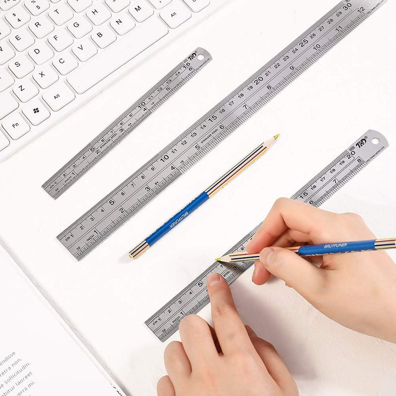 3 pieces stainless steel metal ruler, 15 cm/20 cm/30 cm | Precision double scale edge steel ruler for engineering, teaching and office