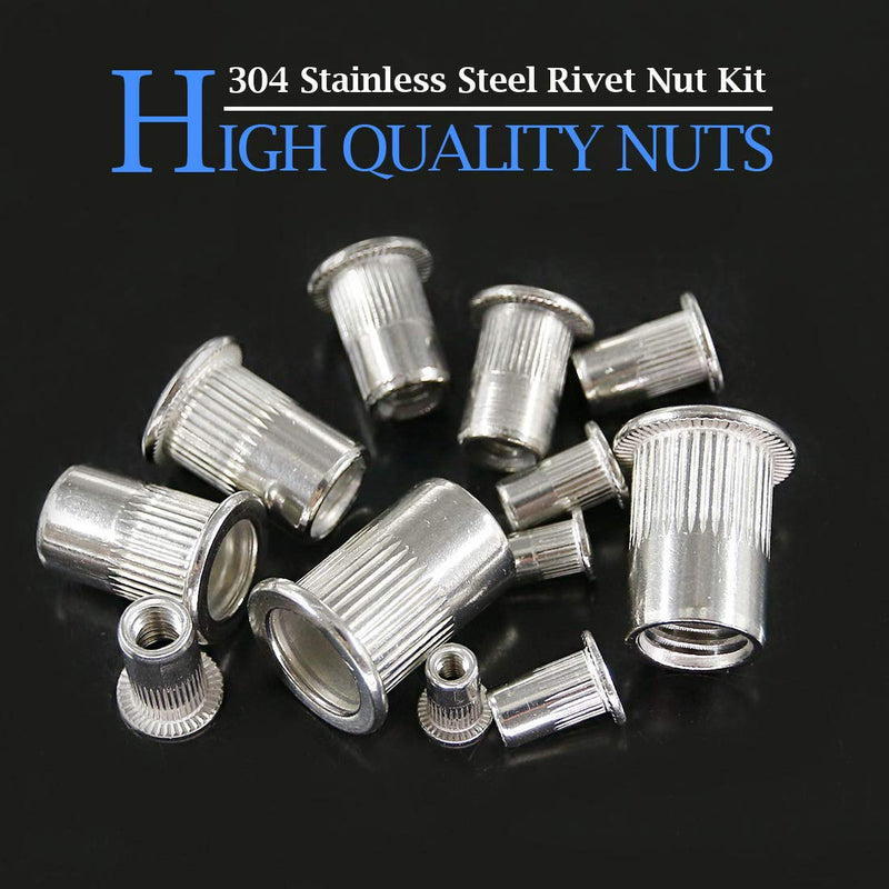 Glarks 126Pcs 304 Stainless Steel M3 M4 M5 M6 M8 M10 Flat Head Threaded Rivetnut Insert Nutsert Rivet Nut Assortment Kit