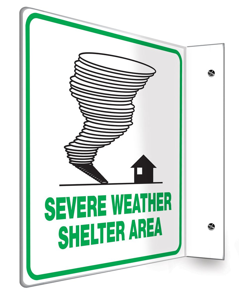 Accuform PSP252 Projection Sign 90D, "Severe Weather SHELTER Area", 8" x 8" Panel, 0.10" Thick High-Impact Plastic, Pre-Drilled Mounting Holes, Green/Black on White