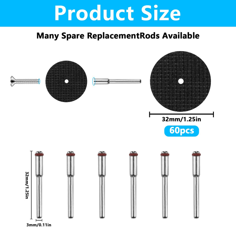 [Australia - AusPower] - Pack of 60 Cutting Discs Compatible with Dremel Accessories, 32 mm Cutting Disc for Rotary Tool Accessories, Cutting Disc Set for Metal Steel and More, Cutting Wheels with 6 Pieces 3 mm Mandrels 